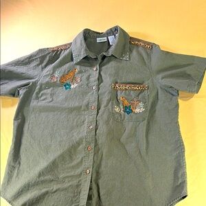 Vintage cabin Creek Safari shirt with leopard print accents and embroidery